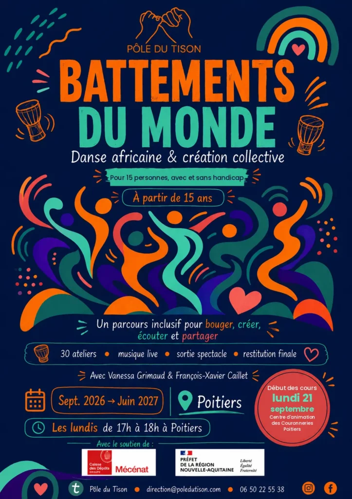 Affiche de Battements du Monde, compagnie de danse africaine inclusive à Poitiers, ouverte dès 15 ans aux personnes avec et sans handicap.